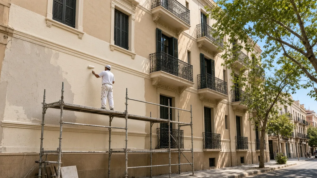 Pintura de fachada con andamios en Sabadell